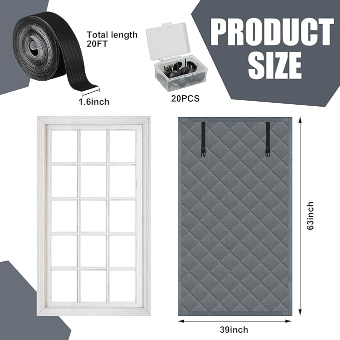 Winter Insulated Window Cover 39in x 63in Thermal Insulated Window Cover 3 Layer Oxford Cloth Cotton Windows Blanket Heavy Duty Windows Insulation Kit for Winter to Keep Warm, Gray