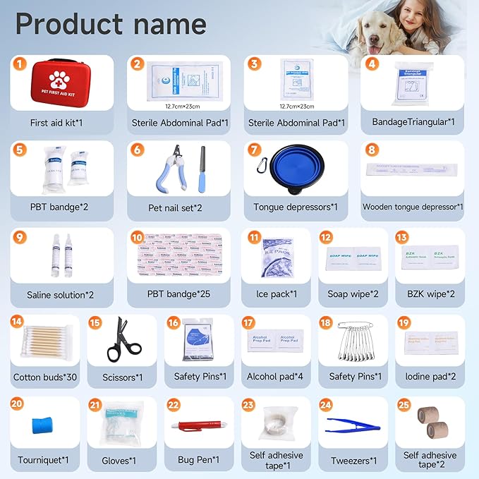 First Aid Kit for Dogs and Cats - 25 Piece Pet Emergency Kit for Travel, Home & Outdoor Use with Foldable Carry Case, Medical Supplies for Wound Care, Safety & Survival