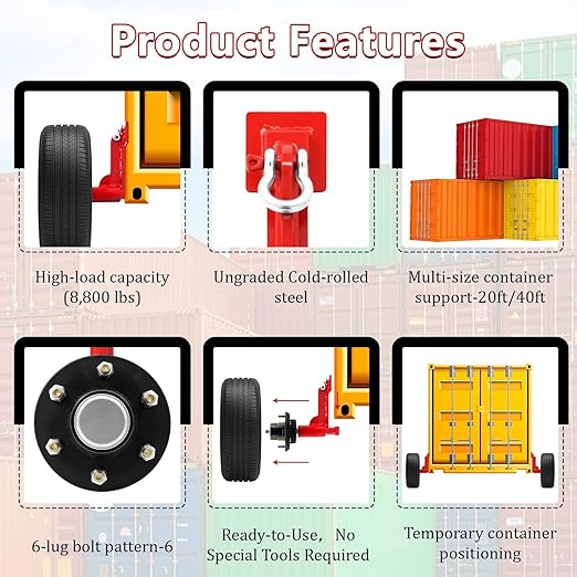 Shipping Container Wheel Kit, Ratchet Straps & Shackles,Shipping Container Accessories,6-Lug Wheels with Heavy-Duty Axles,Heavy-Duty Mobility for 20ft & 40ft Empty Containers