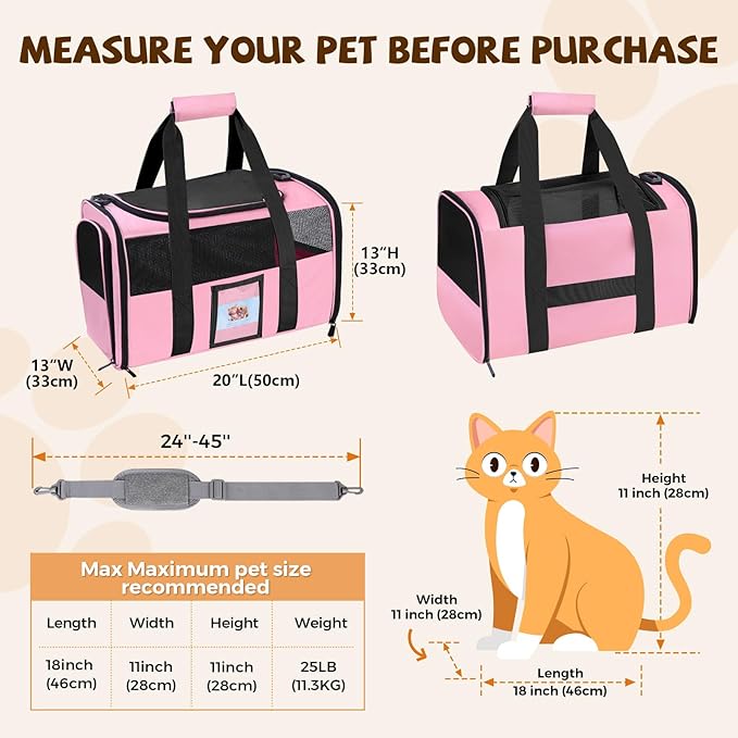 Cat Carrier Soft for Pets Up to 25 Lbs, Cat Travel Bag with Padded Shoulder Strap and Detachable Cat Food Bowl, Pet Dog Carriers for Small Dogs Travel Puppy Carry Airline Approved, Pink