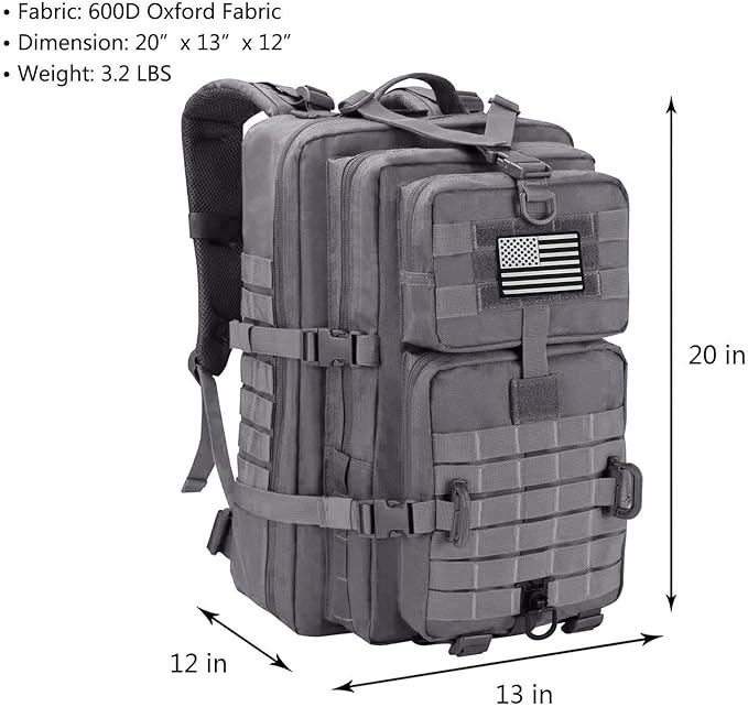 MOLLE Assault Backpack, Tactical Backpack Military Army Camping Rucksack, 3-Day Pack Trip w/USA Flag Patch, D-Rings, Grey