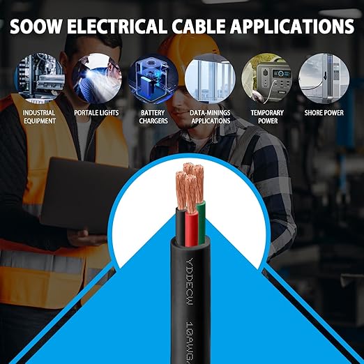 25ft 10/4 10 AWG Portable Power Cable (4 Conductor) - SOOW 600V 10 Gauge Electric Wire for Motor Leads, Portable Lights, Battery Chargers and Machinery - 4 Conductor - 25 Feet Electrical Cord
