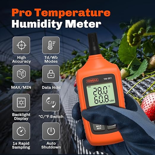 YW-201 Temperature and Humidity Meter, Digital Thermometer Hygrometer with Ambient, Dew Point, Wet Bulb for Indoor/Outdoor, Min/Max Hold, LCD Backlight