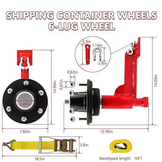 Shipping Container Wheel Kit, Ratchet Straps & Shackles,Shipping Container Accessories,6-Lug Wheels with Heavy-Duty Axles,Heavy-Duty Mobility for 20ft & 40ft Empty Containers