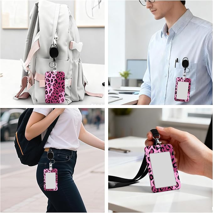 ID Badge Holder with Retractable Lanyard for Women & Men,Vertical ID Card Holder Wallet,Clear Window&Card Slot,Detachable Neck Strap for Nurse Teacher Office,Pink Leopard Print