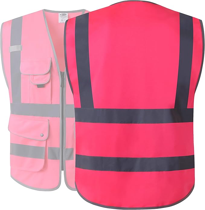 JKSafety 9 Pockets Class 2 High Visibility Zipper Front Safety Vest With Reflective Strips, Meets ANSI/ISEA Standards (X-Large, 150-Pink)