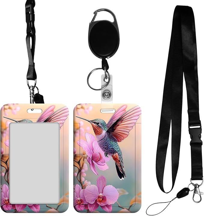 ID Badge Holder with Retractable Lanyard for Women & Men,Vertical ID Card Holder Wallet,Clear Window&Card Slot,Detachable Neck Strap for Nurse Teacher Office,Hummingbird & Orchid