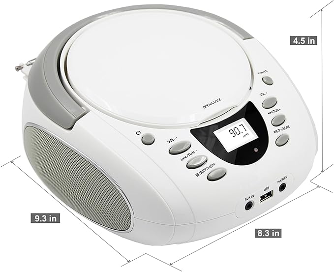 LONPOO CD Players Portable Boombox with FM Radio/USB/Bluetooth/AUX Input and Earphone Jack Output, Stereo Sound Speaker & Audio Player,White