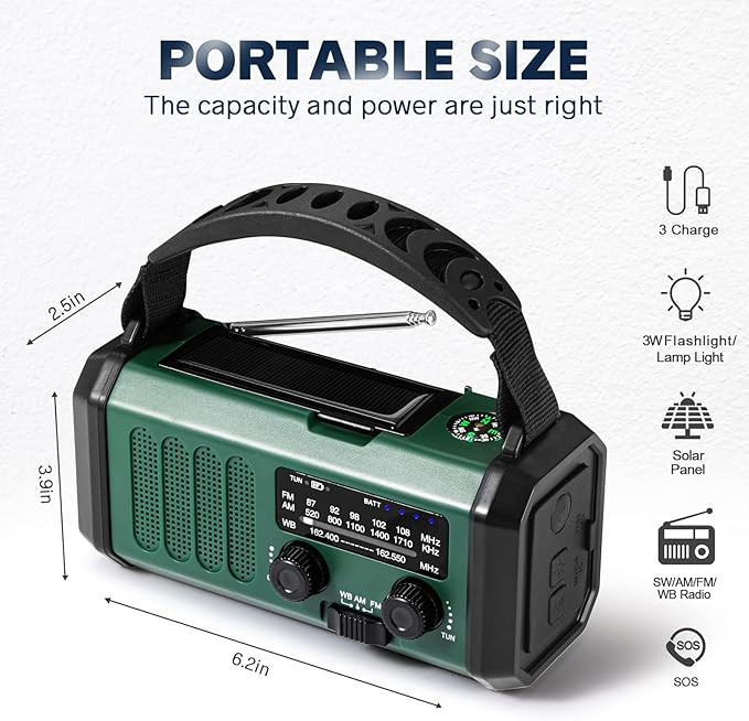 10000mAh Hand Crank Emergency Radio, NOAA Weather Radio with AM/FM solar Radio, Rechargeable Battery, Flashlight & Reading Light, SOS Cell Phone Charger for Christmas gift Indoor Outdoor Emergencies