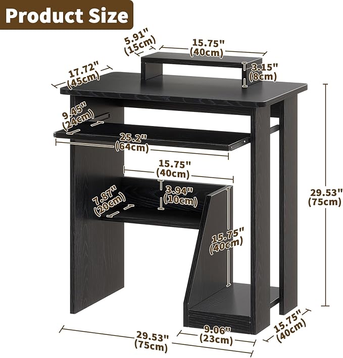 ALISENED 30" Small Computer Desk with Keyboard Tray Monitor Stand, Study Writing Desk with Storage Shelves, Modern Workstation for Small Spaces, Save Space, Black A