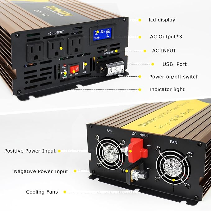 2000W Sump Pump Battery Backup Power System,Basment Protection Sump Pump Inverter with LCD Display and Automatic Battery Backup Switching for Basement Emergency and Power Outage Backup (Gold)