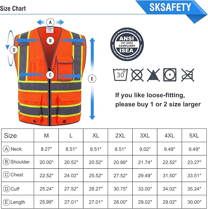 SKSAFETY 10 Pockets Safety Vest, Class 2 High Visibility Security with Zipper, Hi Vis Vest with Reflective Strips, ANSI/ISEA Standard, Construction Work Vest for Men ＆ Women （Orange, 4XL）