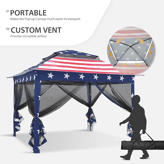 COOS BAY 11x11 Pop-Up Instant Gazebo Tent with Mosquito Netting Outdoor Canopy Shelter with 121 Square Feet of Shade (American Flag)