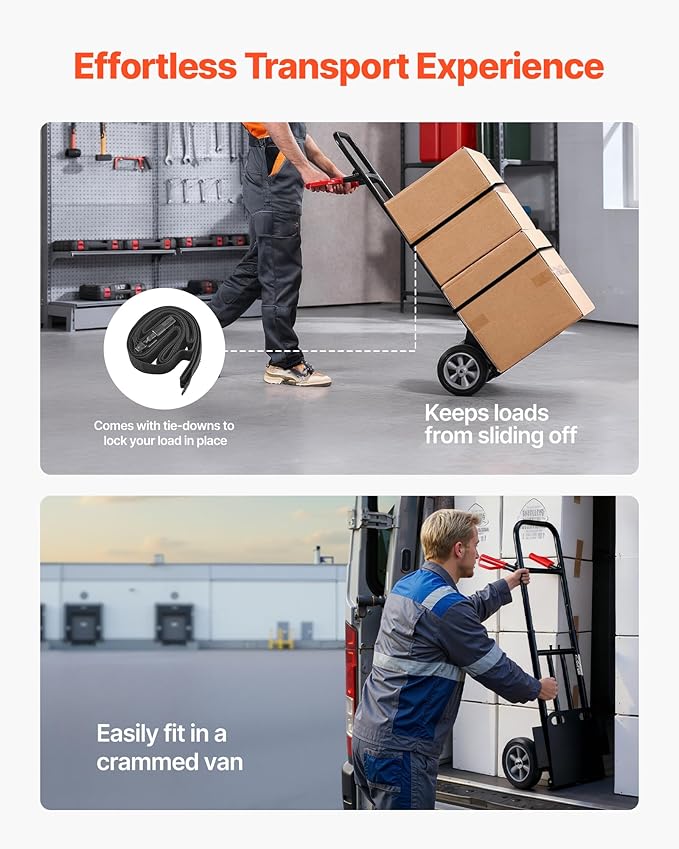 VEVOR Steel Pneumatic Hand Truck Dolly, Convertible Heavy-Duty Moving Dolly Cart with Handle, 600 LBS Portable Trolley Dolly with Tie-Down Strap for Moving Home, Office, Warehouse, Supermarket