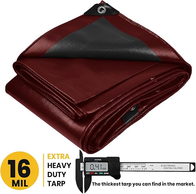 PROTARP Extra Heavy Duty 16 Mil Tarp Cover, Waterproof, UV Resistant, Rip and Tear Proof, Poly Tarpaulin with Reinforced Edges for Roof, Camping, Patio, Pool, Boat. (Maroon/Black 6′ X 8′)