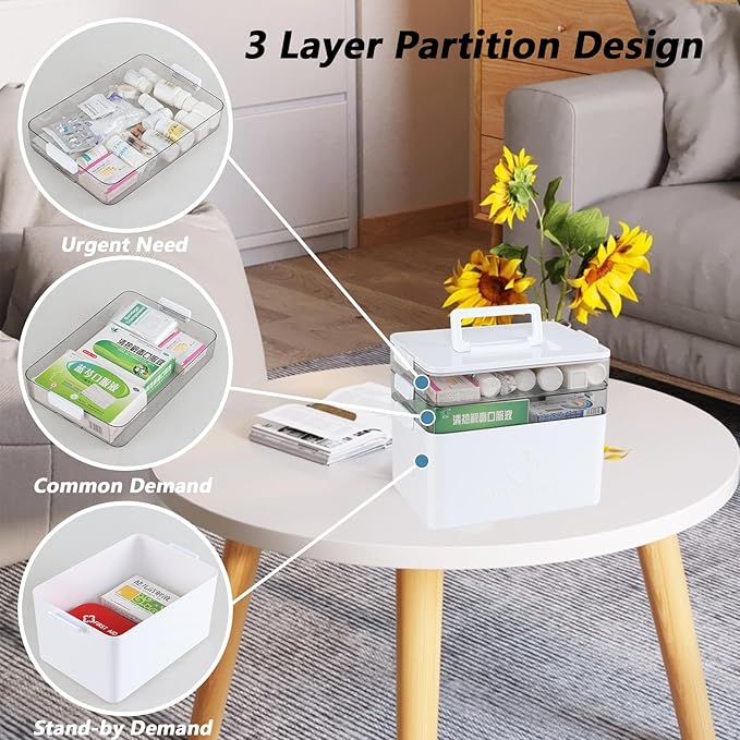Begale Large Medicine Storage Box, 3-Tier Portable Medicine Cabinet Organizer, Plastic First Aid Box with Handle, White