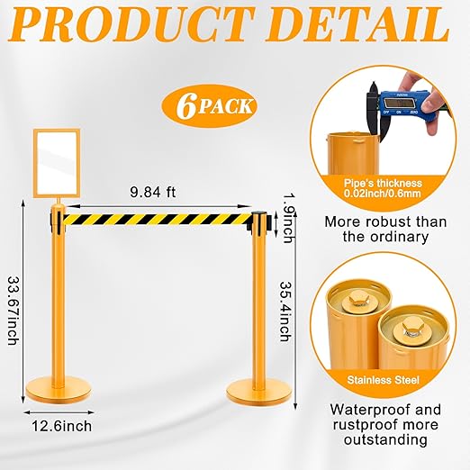 Therwen 6 Pack Heavy Duty Crowd Control Stanchions 9.8 ft Stainless Steel Stanchion Set with 6 Safety Barrier Post Retractable Belt and 1 Sign Holder Crowd Control Barrier(Stripe Belt,Yellow)