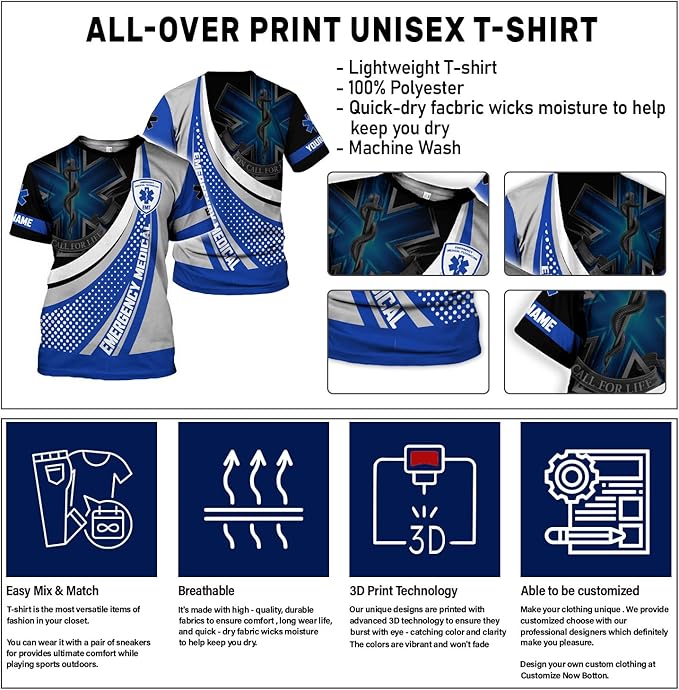 Personalized EMT 3D Shirt, EMT 3D Hoodie, 3D EMS Hoodies for Men, Medical Uniforms EMS Shirt, Emergency Medical Service Shirt