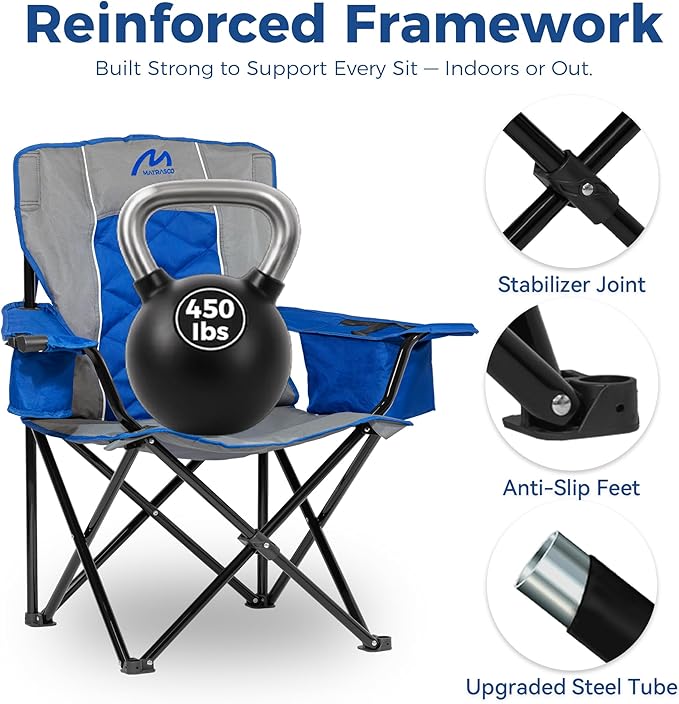 Oversized Padded Camping Chair, Heavy-Duty Steel Frame for 450 lbs Supports, Convenient 6-Can Cooler, Portable Carry Bag, Perfect for Outdoor, Beach, and Hiking (Gray & Sapphire Blue)