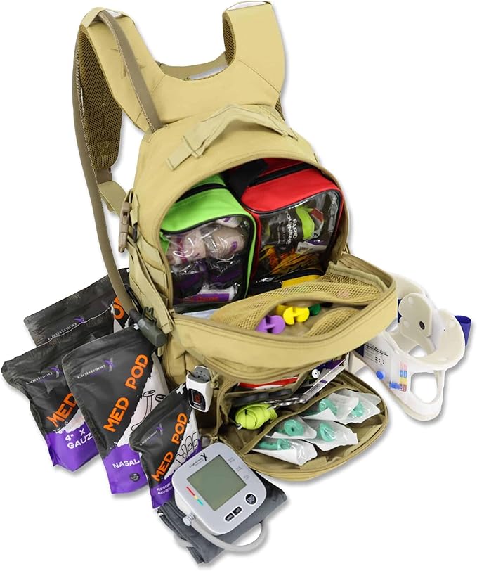 Lightning X Stocked Modular Trauma & Bleeding First Aid Responder Medical Backpack + Kit (Tan w/Hydration Bladder)