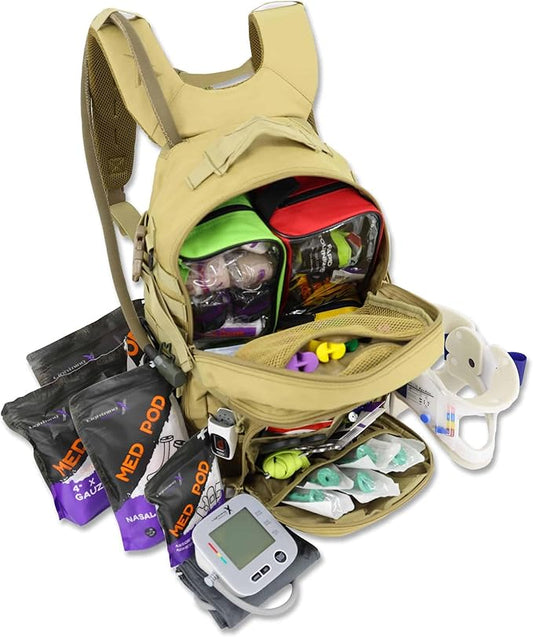 Lightning X Stocked Modular Trauma & Bleeding First Aid Responder Medical Backpack + Kit (Tan w/Hydration Bladder)