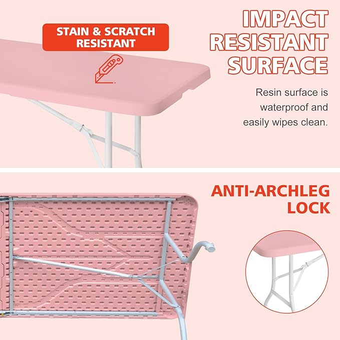 Portable 8Ft Plastic Folding Table, Heavy Duty 8ft Fold-in-Half Table with Carrying Handle, 8' Folding Utility Foldable Table for Picnic Party Camping Kitchen, Indoor/Outdoor (Pink)