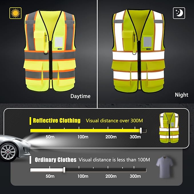 AYKRM Security Vest for Men Women 7 Pockets High Visibility Reflective Safety Vest Front Zipper Meets ANSI/ISEA