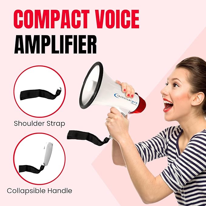 Technical Pro 20 Watts Lightweight Portable 300M Range Megaphone Bullhorn with Strap, Siren, and Volume Control, Good for Trainers, Soccer, Football, Baseball, Coaches