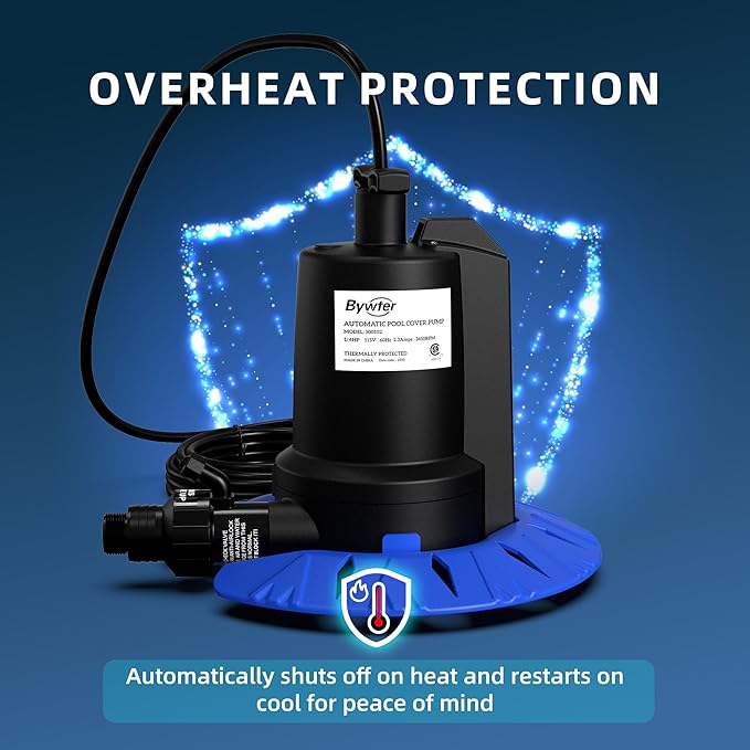 Pool Cover Pump, 1/4HP Automatic Swimming Pool Cover Pump, 1800 GPH Submersible Sump Pump with Check Valve Adapter for 3/4" & 1-1/4" Hoses and 25ft Power Cord, Water Removal for Pool Cover