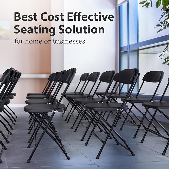 10 Pack Foldable Plastic Chair | Folding & Stackable | 350 lbs Capacity Steel Frame Seats for Indoor Outdoor | Commercial Use Events Wedding Party Bulk Picnic Kitchen Dining - Black