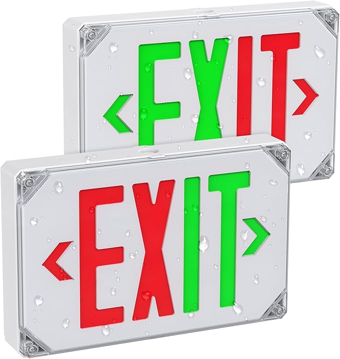 Wet Location Exit Sign,Exterior Weatherproof LED Exit Light with Battery Backup,Switchable Red/Green Colors,Double Sided Emergency exit sign,Outdoor Waterproof Hardwired Emergency Exit Light,120V/277VAC,UL Listed(2 Pack)