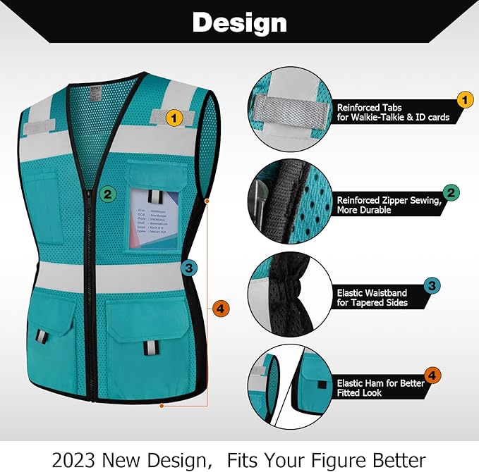 TCCFCCT Women High Visibility Vest 11 Pockets Snug-Fit Reflective Safety Vest with Zipper, Neon Construction Work Vest for Lady Contractors/Surveyors/Workers, Durable,Meets ANSI, Malachite Blue L