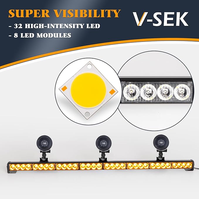 35.5 Inch Hazard Warning Emergency Traffic Advisor Strobe Light Bar 32 LED High Intensity Directional Flashing Safety Lightbar 13 Flashing Modes Cigarette Lighter Suction Cups (Amber Yellow)