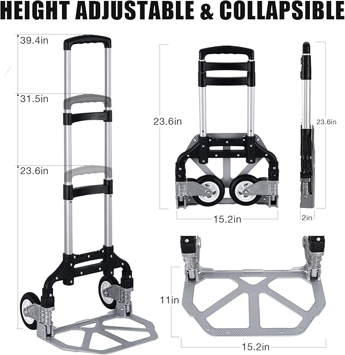 Folding Hand Truck Portable Foldable Dolly Cart Aluminum Luggage Cart Trolley Cart Black MAX Load 180 lbs, with Black Bungee Cord, Telescoping Handle,Solid Aluminium Wheel suspensions, Double Bearings