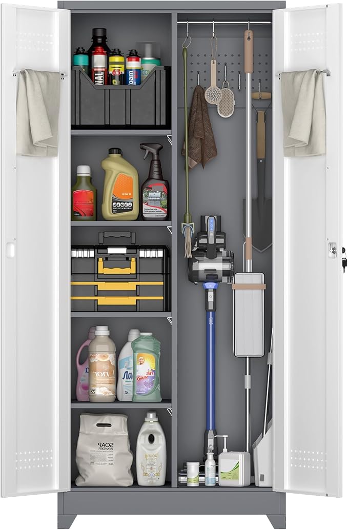 Metal Garage Storage Cabinets,Garage Tool Storage Cabinets with Lock,Locking Cabinet with Hanging Rod & S-Hooks for School,Gym,Grey-White
