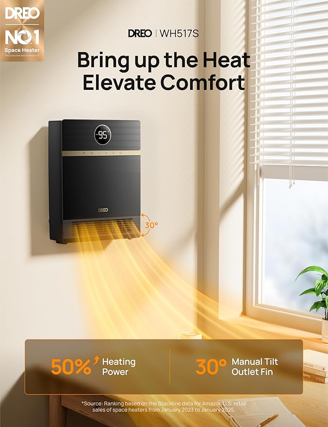 Dreo Smart Wall Heater, IP24 Electric PTC Space Heater for Indoor Use, 30° Oscillation, Adjustable Thermostat, Remote Control, Works with Alexa, 24H Timer, Easy-mounted for Bedroom, Office