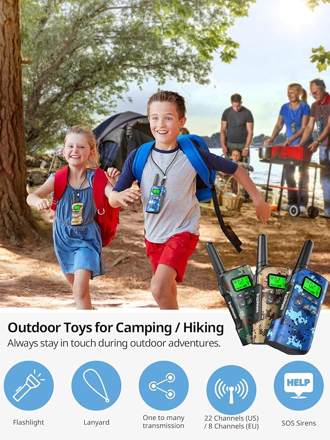 Walkie Talkies for Kids Rechargeable,Toys for Boys and Girls Ages 3-12, 4 Pack Long Range 2-Way Radios, Birthday Gifts,Christmas Stockings, Outdoor Play, Family Games, Hiking Camping Gear