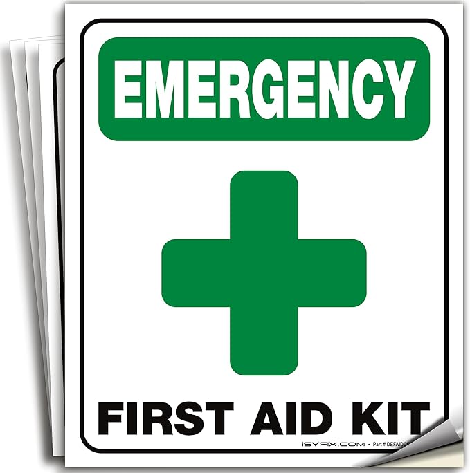 iSYFIX Emergency First Aid Kit Signs Stickers for Home, Schools & Business - 4 Pack 6x7 Inch - Premium Self-Adhesive Vinyl, Laminated UV, Weather, Scratch, Water and Fade Resistance, Indoor & Outdoor