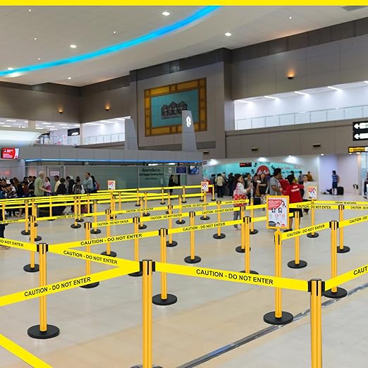 Therwen 12 Pack Heavy Duty Crowd Control Stanchions 9.8 ft Stainless Steel Stanchion Set with Safety Barrier Post Retractable Belt and Sign Holder Crowd Control Barrier(Caution Belt, Yellow)
