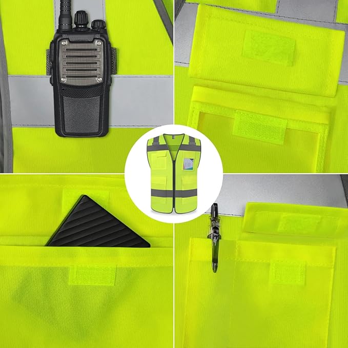 TCCFCCT High Visibility Vest 5 Pockets Reflective Safety Vest with Zipper, Hi Vis Work Vest with Horizontal Strip for Walkie-talkie & ID Card, Durable to Use, Meets ANSI/ISEA Standards, T5-Yellow, M