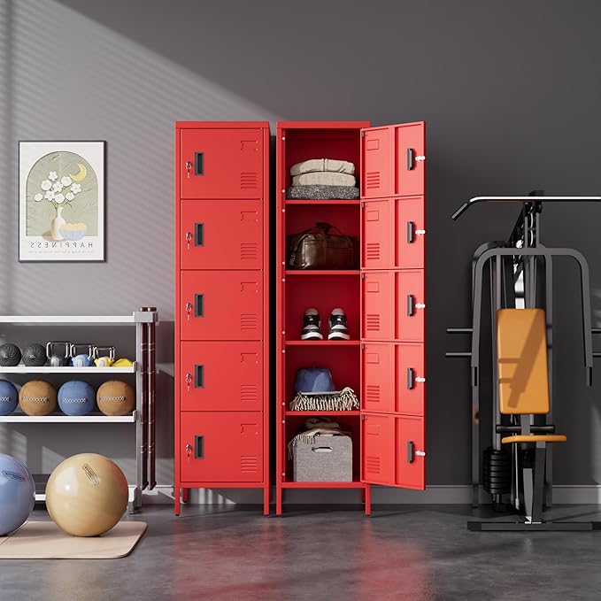Metal Locker with Lock and Ventilation Holes,Metal Storage Locker with Business Card Slot for Home,Gym,Garage,School,Office,15.8" D x 15.8" W x 66" H Assembly Required,Red