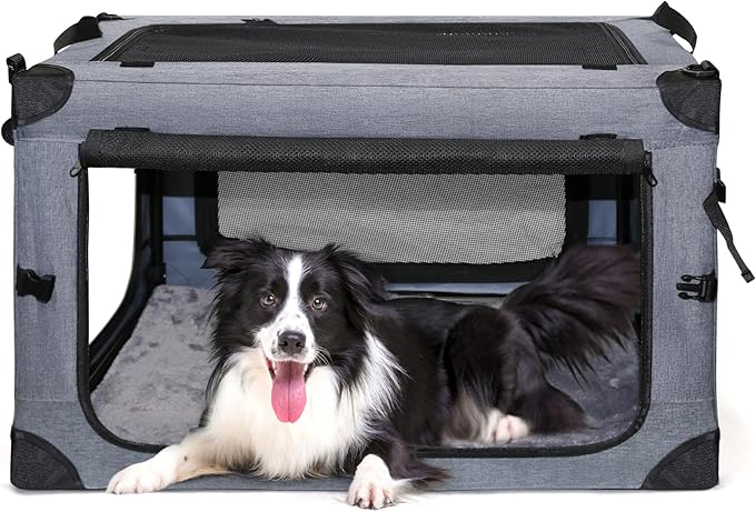 NEZUC Soft Collapsible Dog Crate - 24 Inch Portable Soft Sided Travel Dog Crates for Small Dogs, 4-Door Foldable Dog Carrier, Pet Kennel Indoor & Outdoor (Gray, 24.0" L x 17.0" W x 17.0" H)