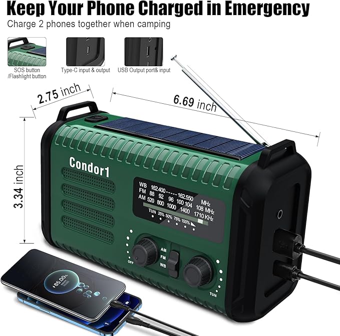 Emergency Weather Radio, 20000mAh NOAA/AM/FM Solar Hand Crank Radio with USB Phone Charge, Battery Powered, SOS Alarm, LED Reading Lamp & Flashlight for Emergencies Survival