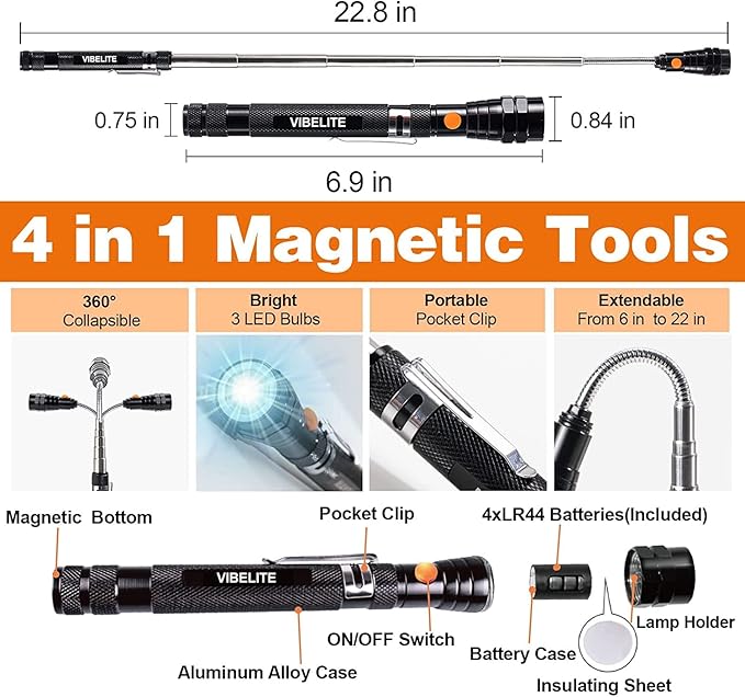 Magnetic Pickup Tool and 6 in 1 Multitool Pen with Touch Screen Stylus, Rulers, Bubble Level, Flathead, Phillips Screwdriver, Ballpoint Pen, Christmas Gifts Stocking Stuffers for Men, Teen Boys, 2Pack