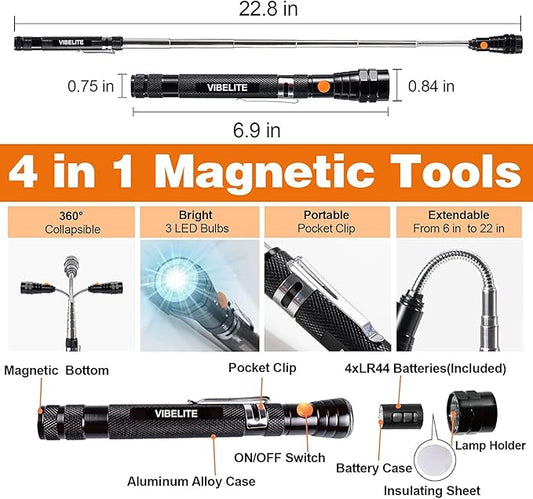 Magnetic Pickup Tool and 6 in 1 Multitool Pen with Touch Screen Stylus, Rulers, Bubble Level, Flathead, Phillips Screwdriver, Ballpoint Pen, Christmas Gifts Stocking Stuffers for Men, Teen Boys, 2Pack
