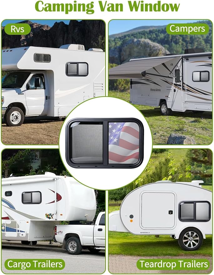 24"x20" RV Sliding Window - Horizontal Teardrop Style, DOT-Certified Tempered Glass & Trim Kit, Aluminum Alloy Frame w/Mesh Screen