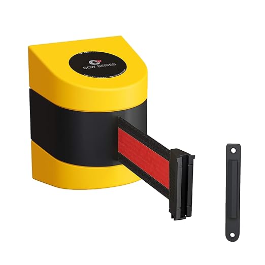Crowd Control Warehouse - CCW Series WMB-220 Fixed Wall Mount Retractable Belt Barrier - 15 Foot, Black Horizontal Red Stripe Belt with Yellow ABS Case