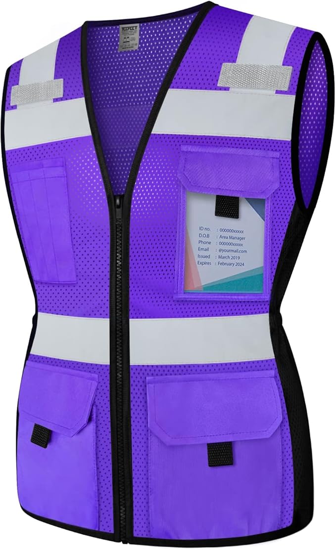 TCCFCCT Safety Vest for Women 11 Pockets Mesh Reflective Vest with Zipper, High Visibility Neon Construction Work Vest for Lady Surveyors/Warehouse, Snug-Fit, Durable, ANSI Compliant, Purple XXL