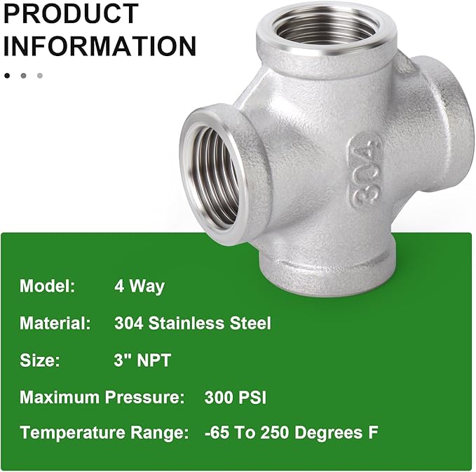 TAISHER 1PCS Stainless Steel 4 Way Pipe Fittings, 3" x 3" x 3" x 3" NPT Female Pipe Fittings