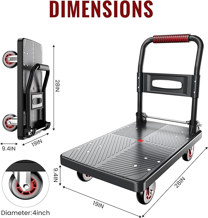 Upgraded Foldable Push Cart Dolly | 660 lbs. Capacity Moving Platform Hand Truck | Heavy Duty Space Saving Collapsible | 4‘’ TPR 360-Degree Silent Wheels | 2 Swivel Wheels and 2 Fixed Wheels